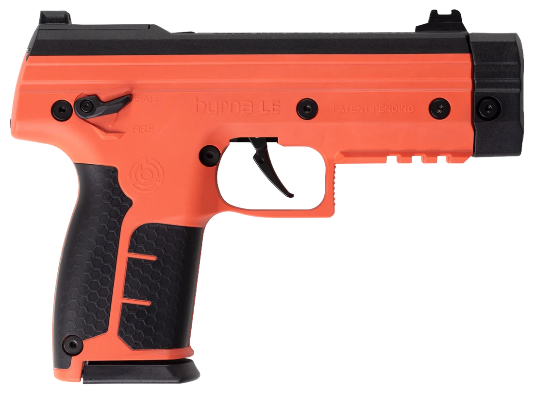 Lanzadora Byrna LE Safety Orange — vista de perfil con puntos técnicos